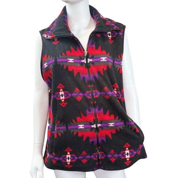Chaps Sport Womens Sleeveless Fleece Vest Tribal Pattern Black Multicolor XL - Picture 2 of 6